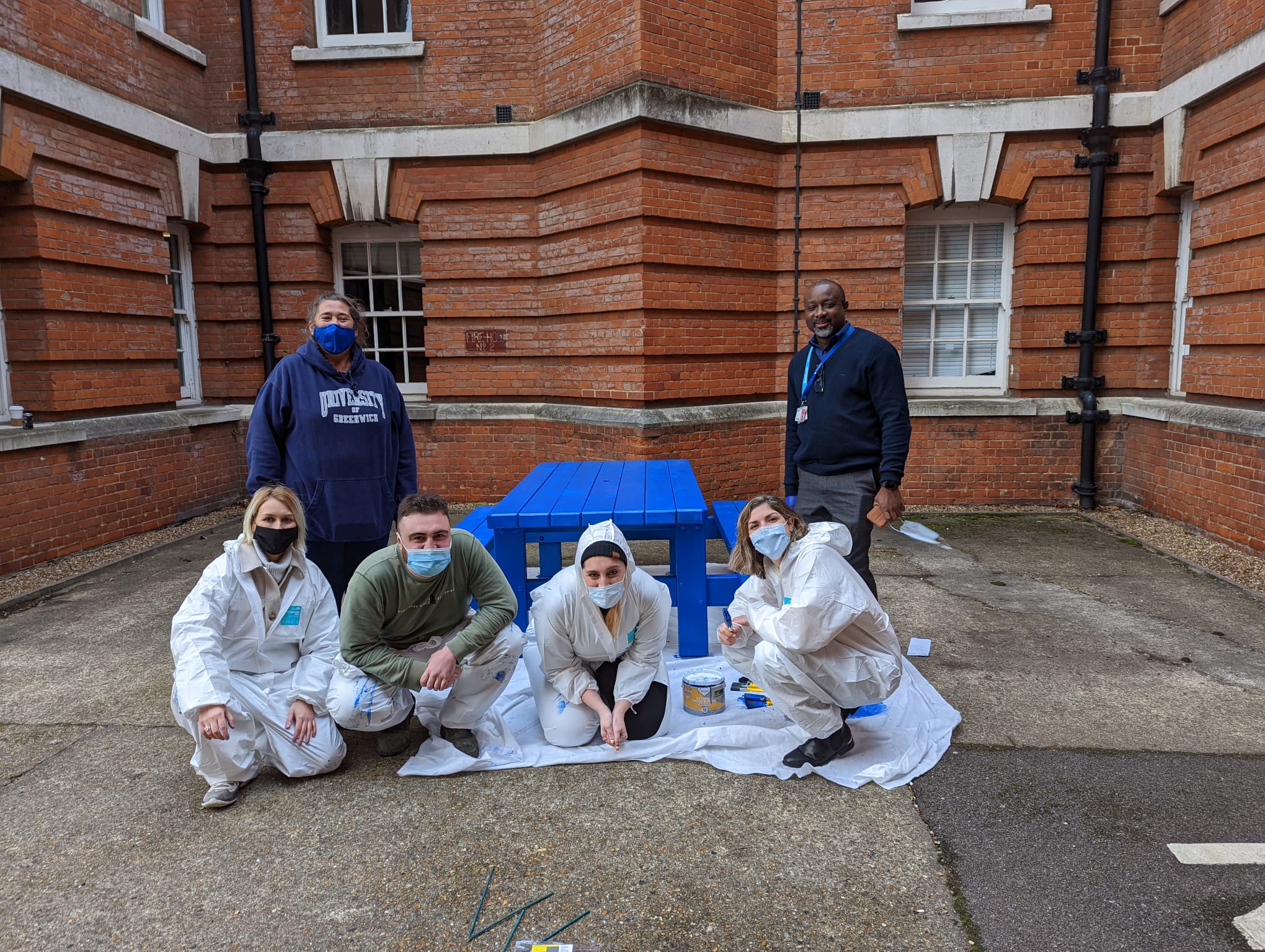 Blue Buddy Bench and Dr Melanie Thorley, Joe Mahama, Shona Reid, Daniel Crockett, Natalie Turner and Diana Martin