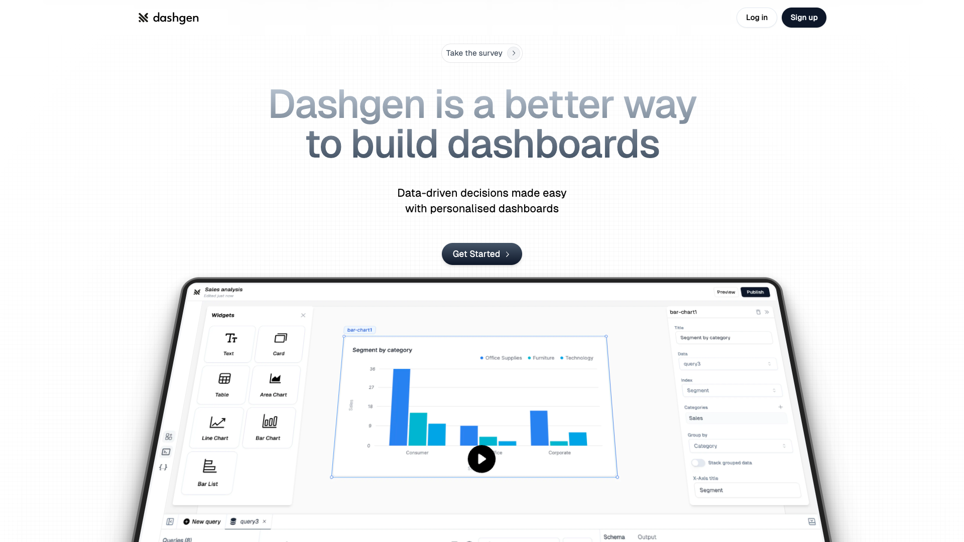 A screenshot of the Dashgen home page featuring a screen with a bar chart and various settings