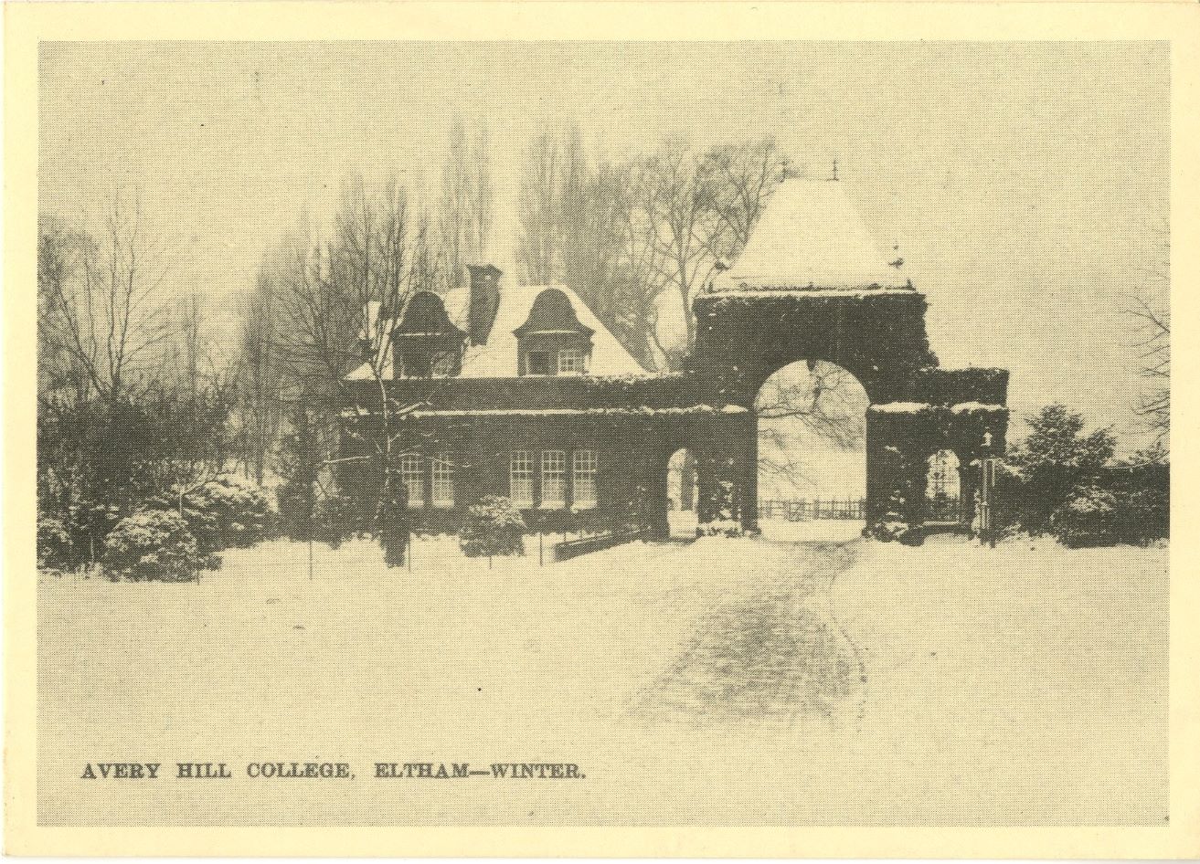 Sepia photograph of Avery Hill in the snow