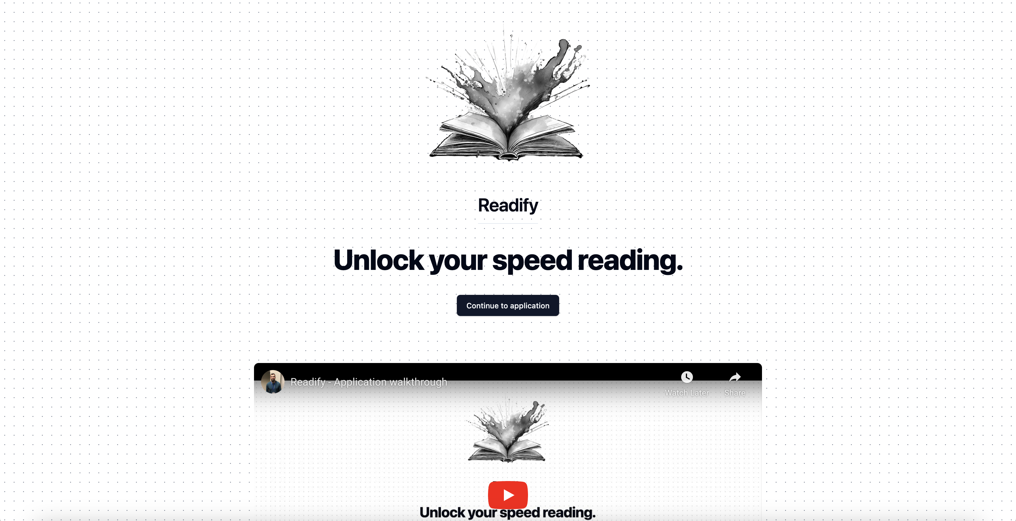 A screenshot of the Readify landing page featuring the text 'unlock your speed reading' a video walkthrough and a logo of an open book.