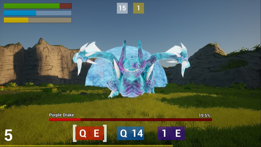 A screenshot showing a large blue and purple dragon with its wings extended in front of a mountain