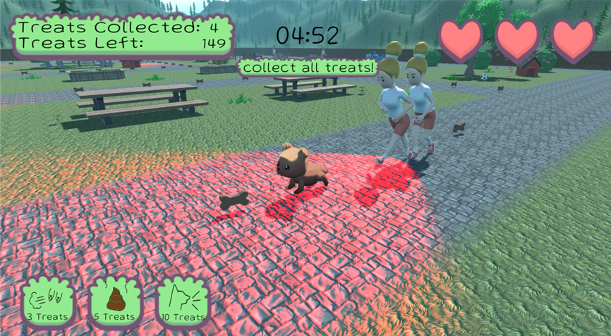 A screenshot of the game Coco's Treat Dash in progress. It features a dog racing to collect treats followed by it's owners.