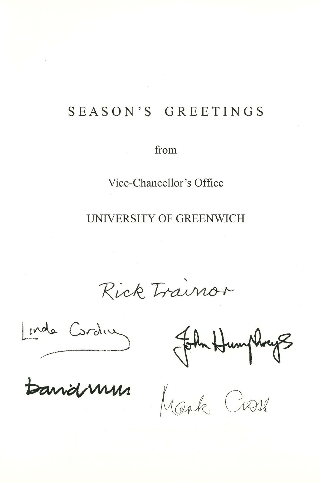 Inside of card reading Season's Greetings from Vice Chancellor's Office, signed by five Vice Chancellors.