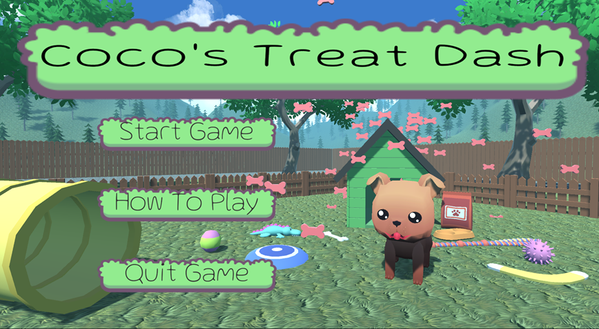 A screenshot of the menu for the game Coco's Treat Dash. It features a small dog in a garden in front of a kennel and surrounded by toys.