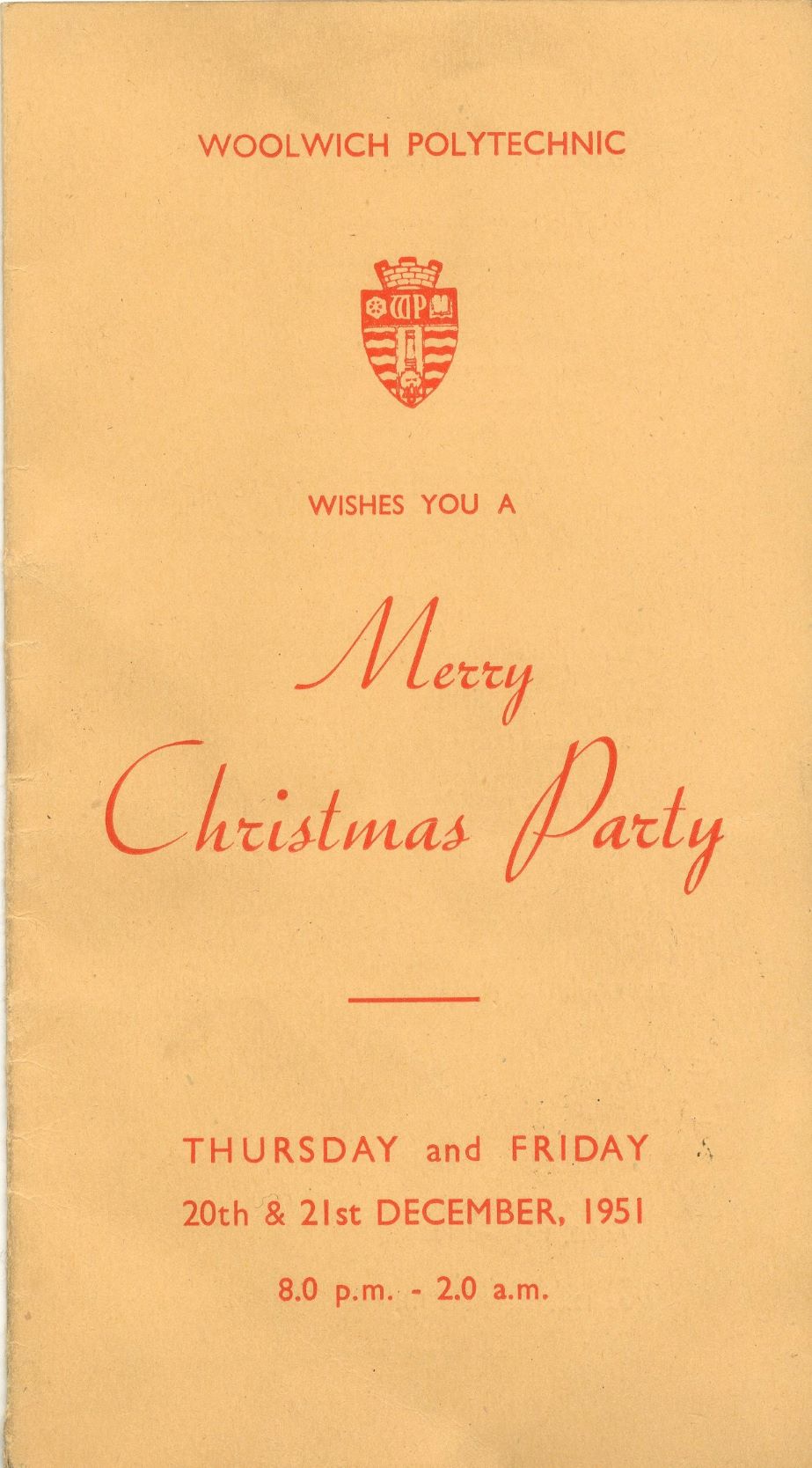 Yellow paper with red text depicts the running order of the party, including, dancing, carols and cabaret, films and variety