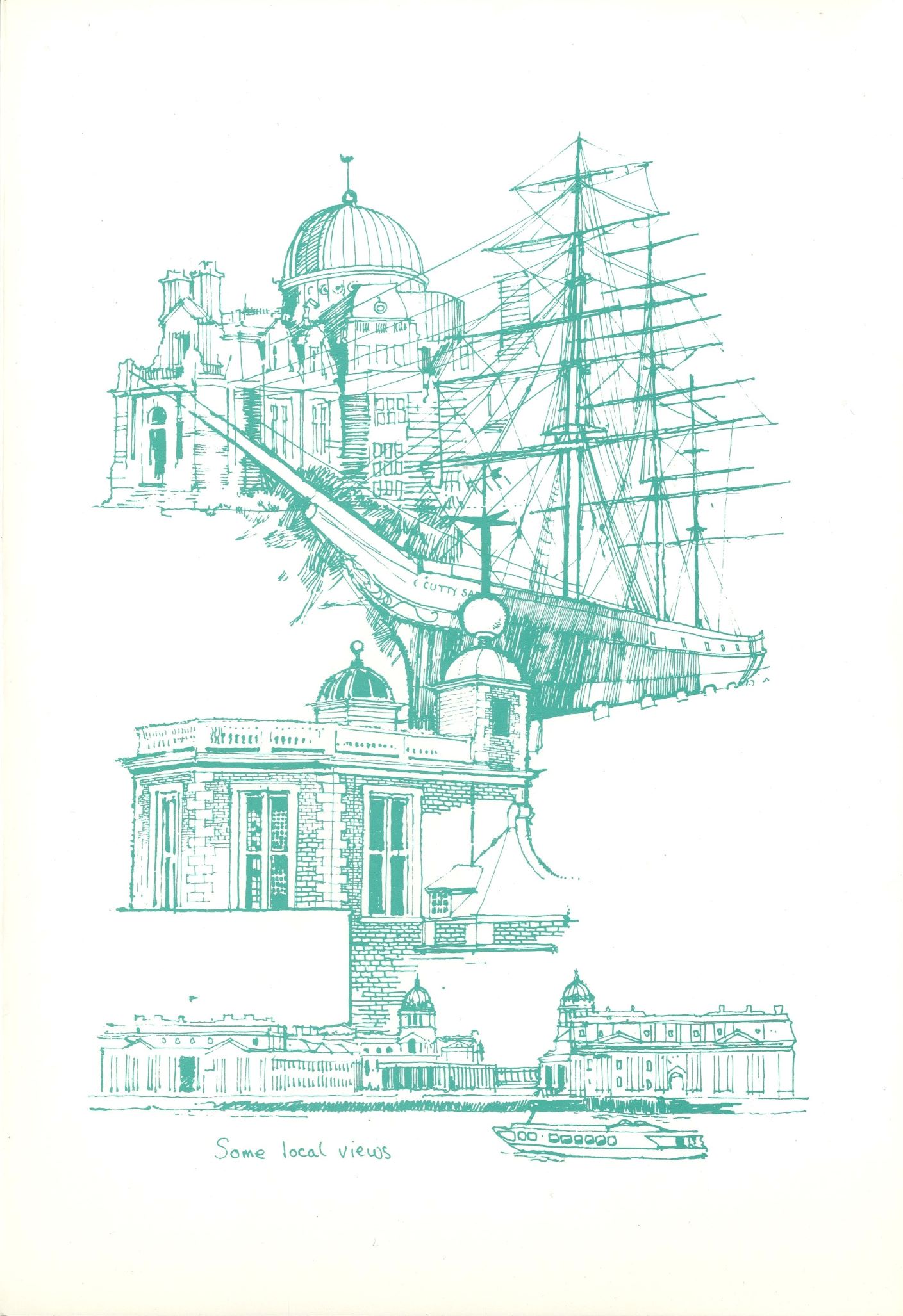 Blue line drawings of local Greenwich landmarks