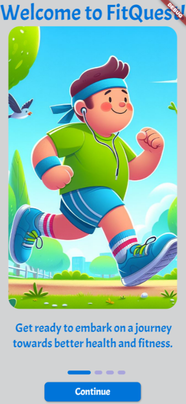 A screenshot of the app landing page featuring an illustration of a character running and smiling