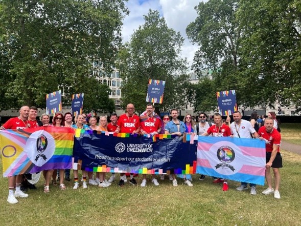 University of greenwich staff, LGBT+ Staff Community and CAFC members with pride march banners