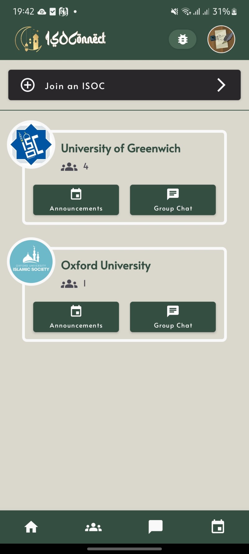 Screenshot showing the list of institutions to join within the ISOC Connect app