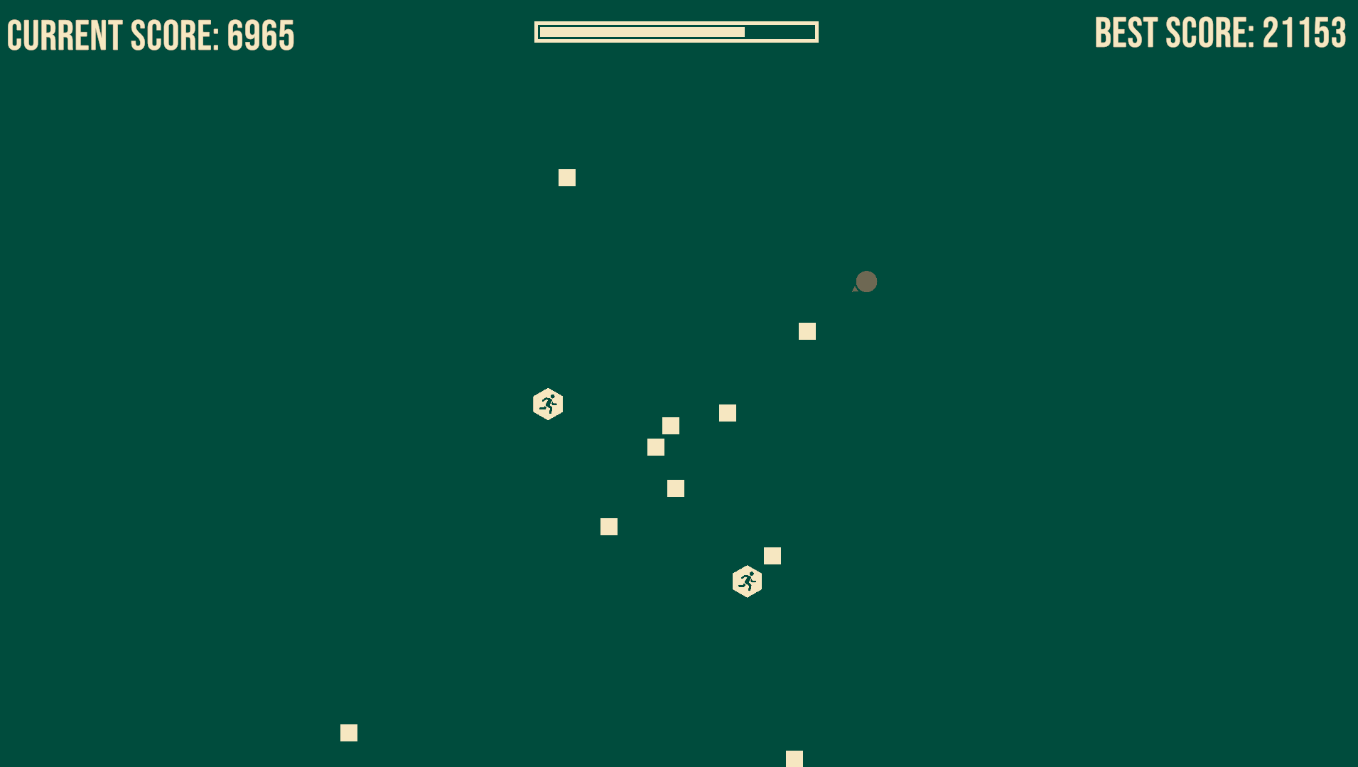 A screenshot showing a game in progress. The background is green with yellow squares chasing a circle and current and best score figures at the top of the screen.