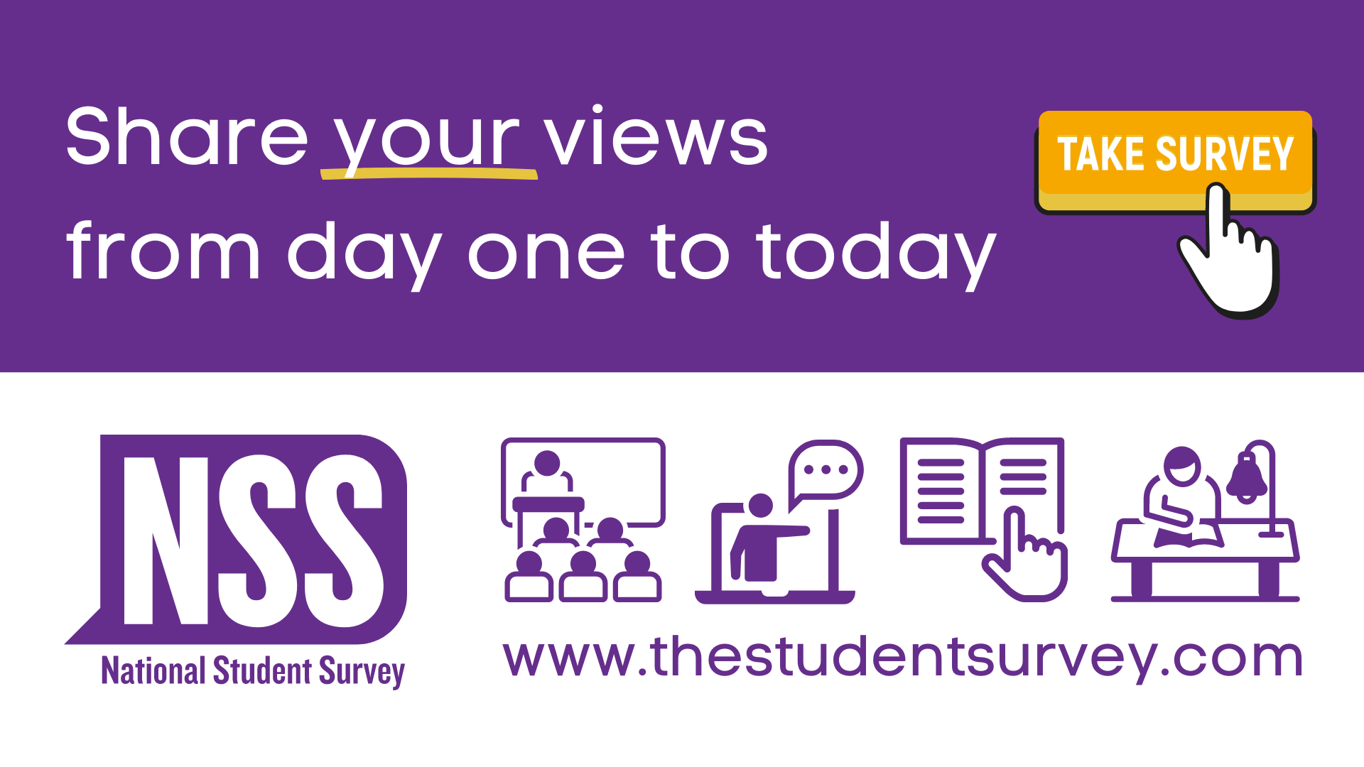 White text in a purple banner - share your views from day one to today.  Beneath is the NSS logo followed by icons of a class being taught, a person asking a question, a finger pointing in a book and a person working at a desk - text below is www.thestudentsurvey.com