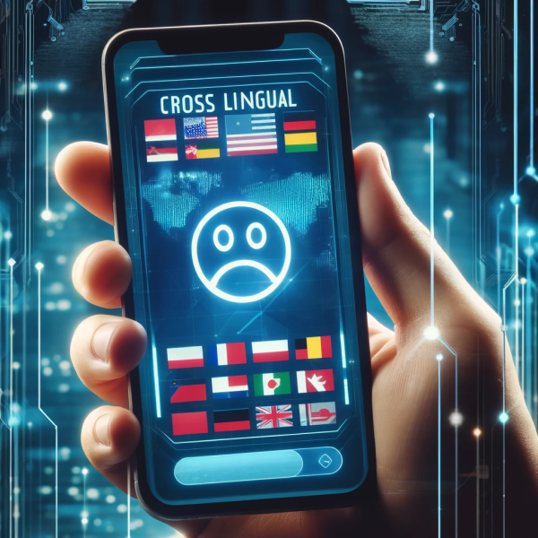 A screenshot of the app home screen featuring flags of different countries and a sad emoji in the centre of the screen. The text 'cross lingual' appears at the top.