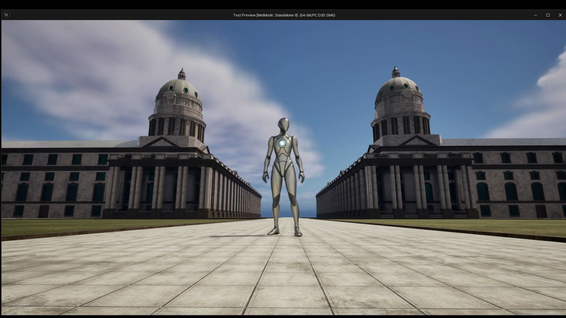 A screenshot of a futuristic person standing between the two domes of the Old Royal Naval College in Greenwich, the university campus