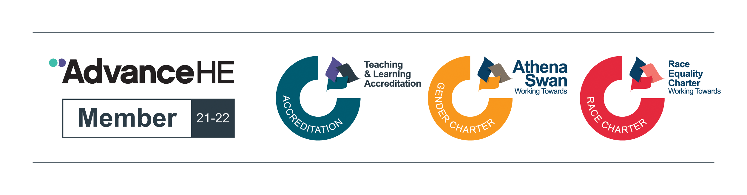 Logos showing the university's AdvanceHE membership for 21-22, with separate 3/4 circle symbols for Teaching and Learning Accreditation, and working towards Athena Swan and Race Equality Charter