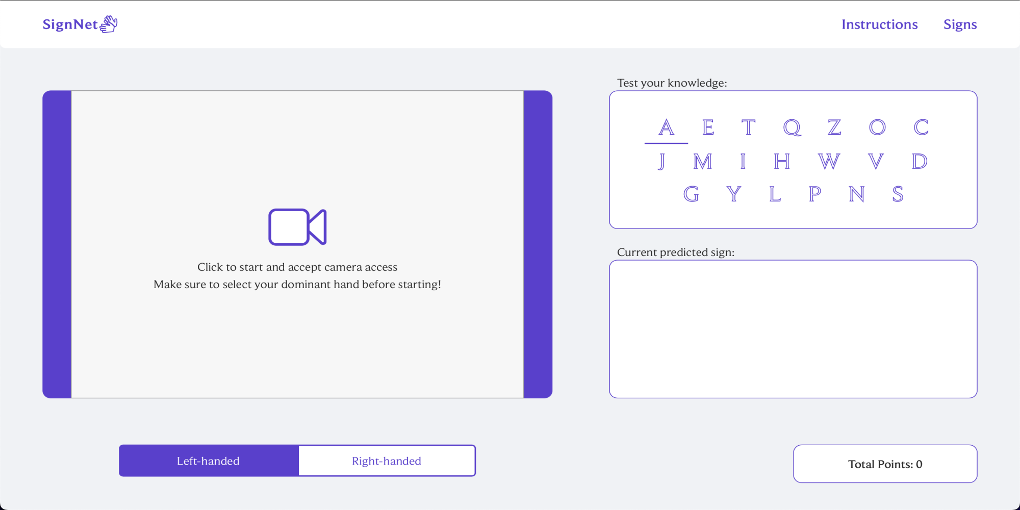 A screenshot of the SignNet dashboard showing the options for opening your camera to practice signs.