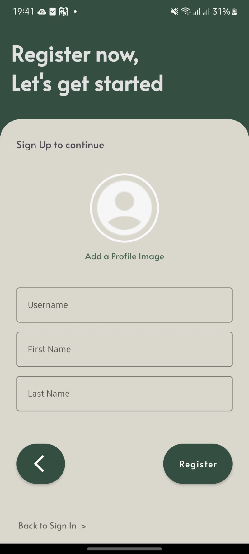 Screenshot of the sign up screen in the ISOC Connect app. The greeting reads: Register now, let's get started. The fields are username, first name, last name and a register button.