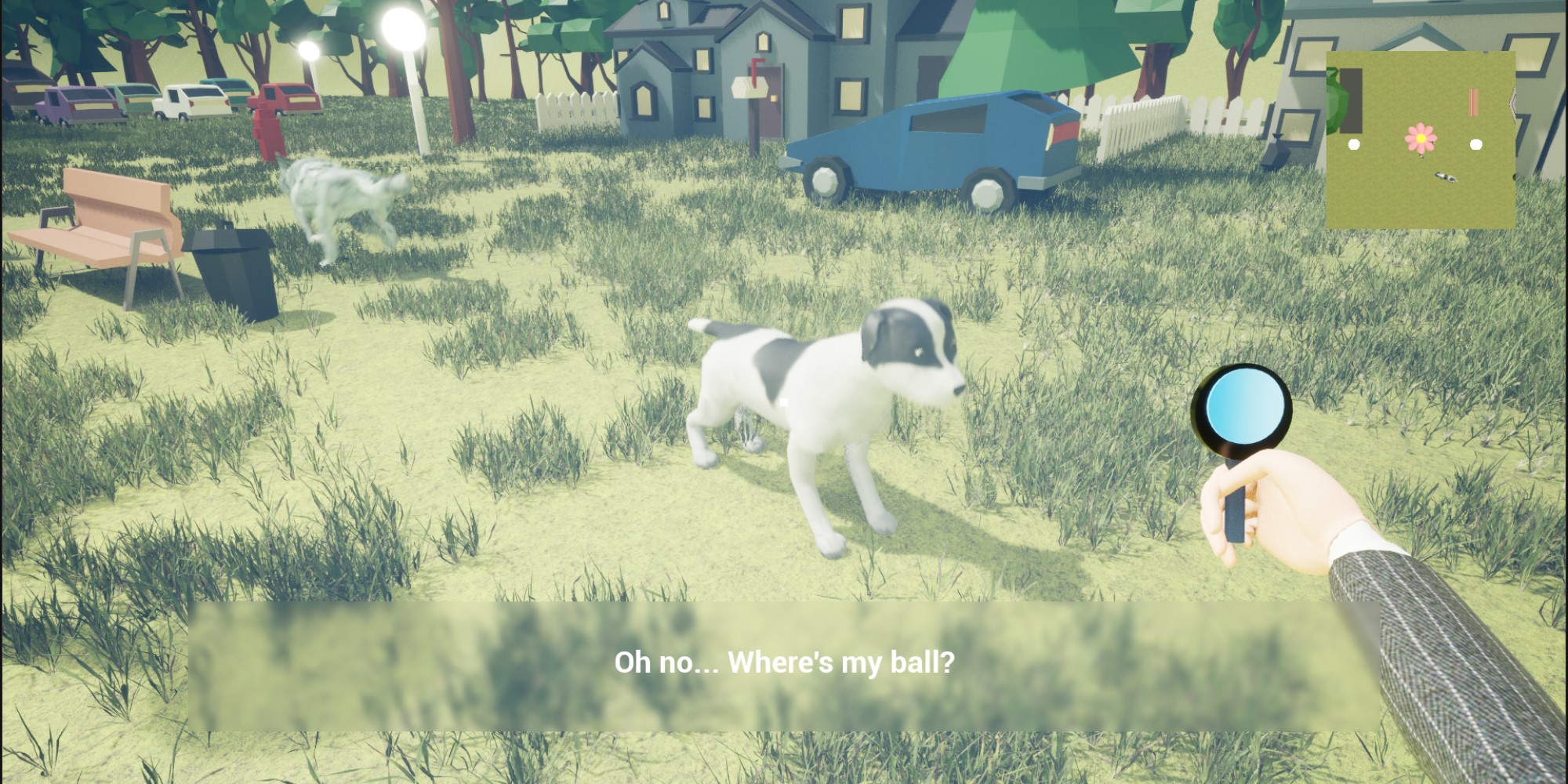 A screenshot of the gameplay with a black and white dog in the centre. Dialogue appears across the screen reading 'oh no...where's my ball?