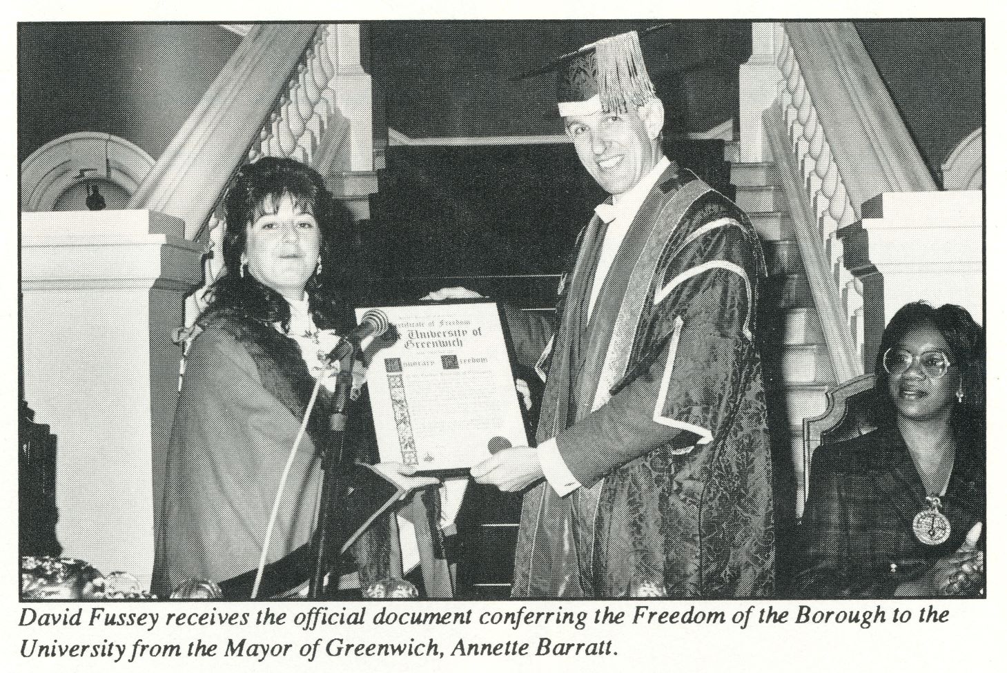 David Fussey receives the official document conferring the Freedom of the Borough to the University from the Mayor of Greenwich, Annette Barratt.in 1994
