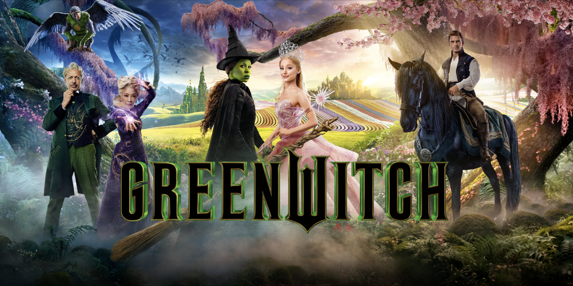 a PR image for the new Wicked film, referencing the rebranding of the London Borough of Greenwich to 'Greenwitch' as promotion. The image features a mystical forest fading from blue, through green, to red in the background. In the foreground, there are three groups of individuals. in the centre are the 'witch' (green-faced with a black traditional witch's robe) facing the fairy godmother, in a pink princess dress. The witch is played by Cynthia Erivo and the Godmother by Ariane Grande. to the left, the Wizard of Oz (Jeff Goldblum) stands, looking contemplative, in a green suit. Next to him is Madam Horrible (Michelle Yeoh) in a long purple dress, mid-spell. There is a flying monkey on a tree branch above their heads. To the right of the main cast is Fiero (Jonathan Bailey) in a waist coat, sat atop a horse, that looks a bit overwhelmed with the whole scene to be honest. Across the middle of the image, in a witch-like font is the word 'Greenwitch'. Beneath that a caption that reads: Attention all Ozians! London's iconic Royal Borough of Greenwich has had a Wicked makeover, changing its name to Greenwitch in celebration of the cinematic spectacular flying into cinemas on November 22