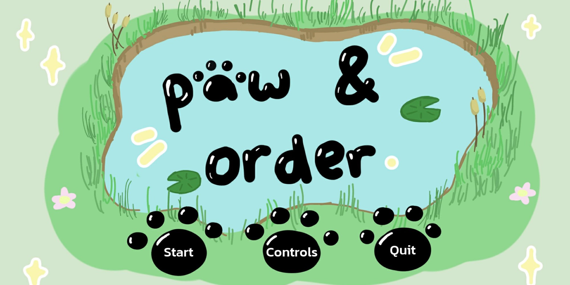 A screenshot of the menu in the Paw and Order game. It features the test Paw and Order over an illustration of a pond and three paw print illustrations each containing a menu option to click on.